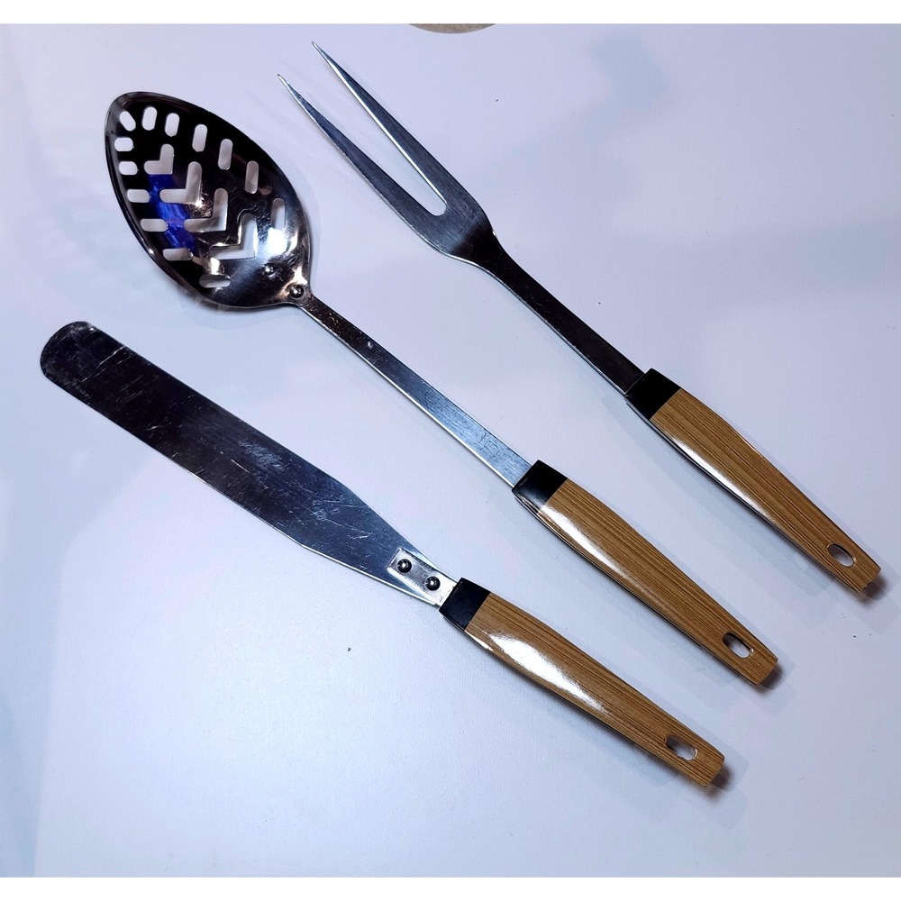Vintage Kitchen Utensil Set Faux Wood Handle Stainless Steel Japan MCM